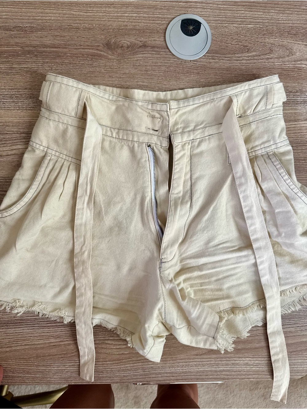 Free People High-Waist Cream Tie-Front Frayed Hem Shorts